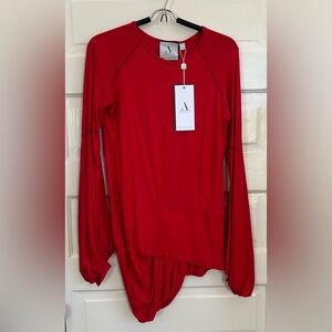 ADEPTT Long Sleeve Crewneck Asymmetrical Top in Bright Red
